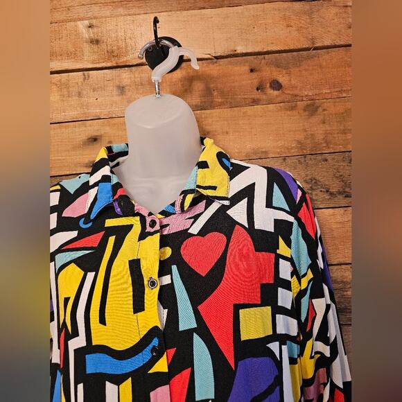 Big Dart Women's Colorful Retro Pop Art Print Button Up Long Sleeve Sz M/L - Picture 4 of 12
